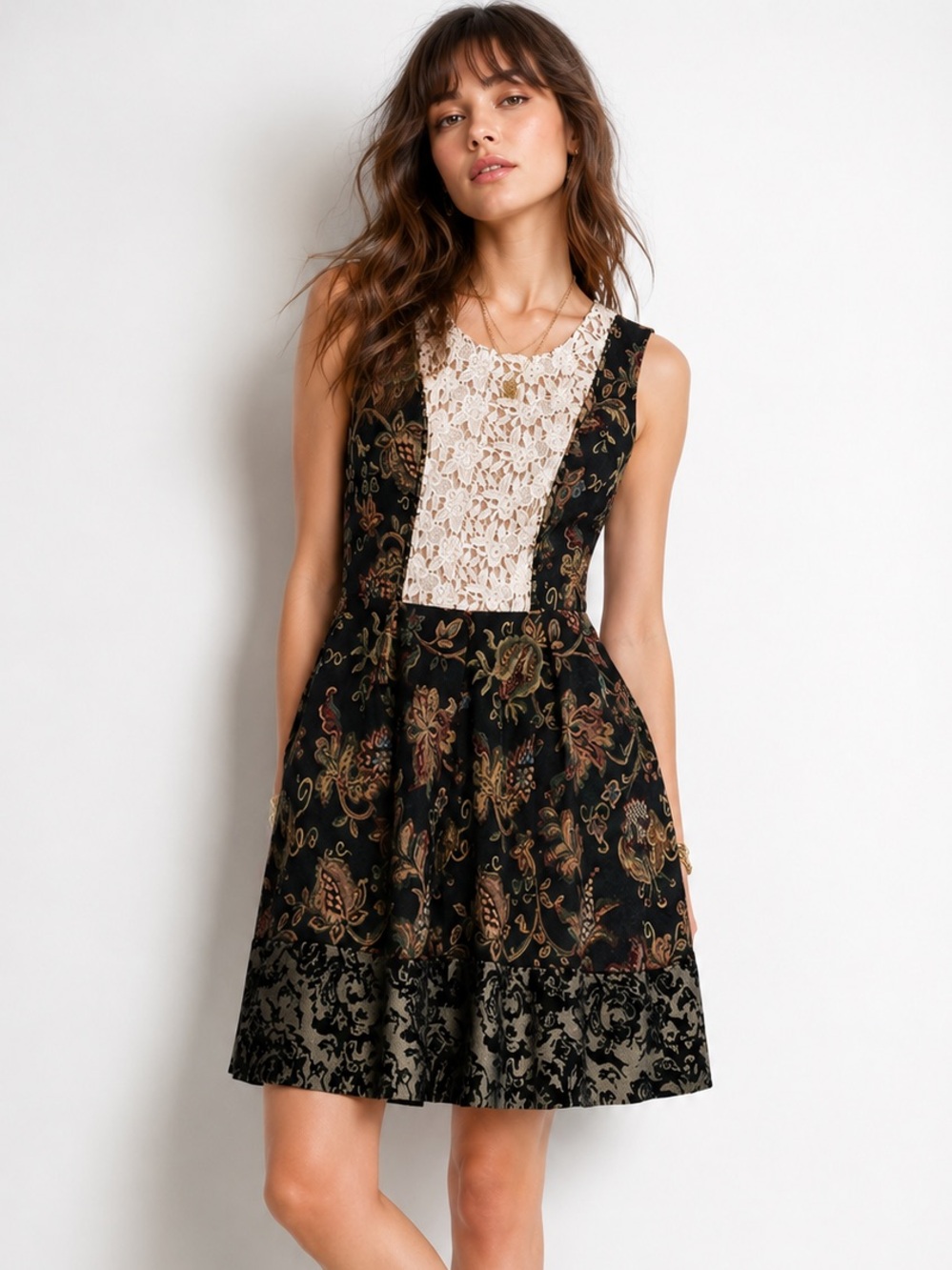 Champagne & Strawberry | Floral Tapestry Crochet Lace Black & Gold Brocade Dress